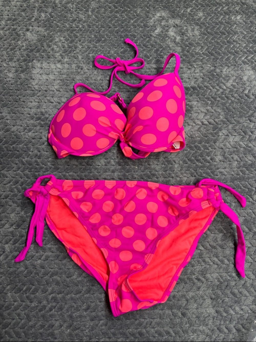 Pink Polka Dot Tie-Back Bikini Set Top: Size Medium Bottom: Size Large